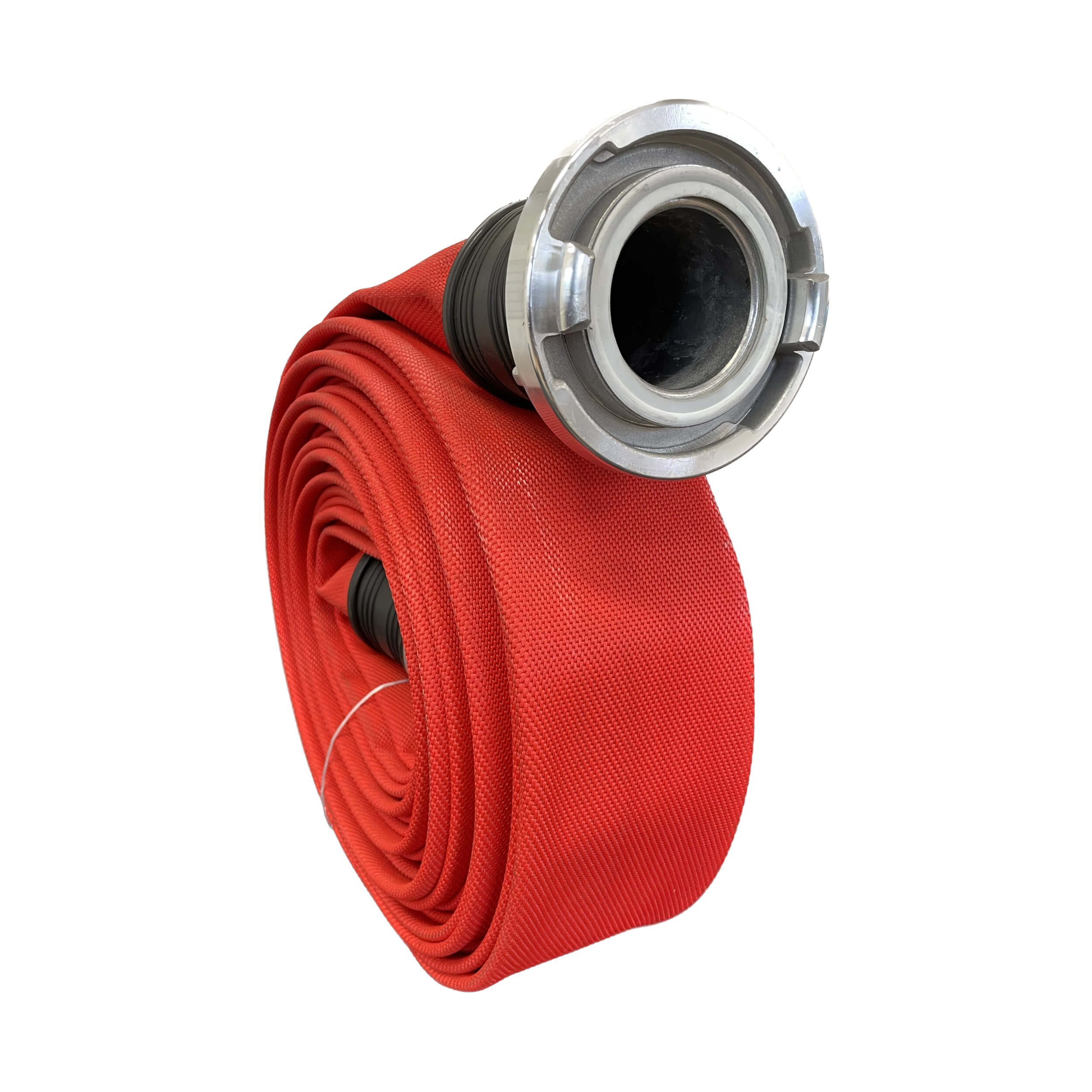 Synthetic coated platoprolbare brandslang, kleur rood, met gebendelde Feuer Vogel Storz koppelingen